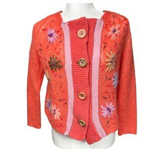 Free People Cropped Knit Cardigan Sweater Medium Embroidered Wool Mohair Floral
